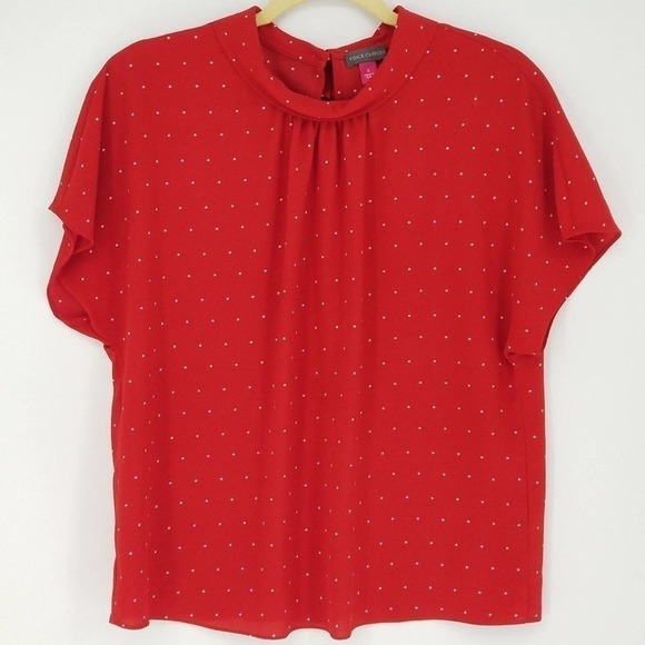 Vince Camuto Polka Dot Pearl Button Neck Short Sleeve Blouse Top Red Size Small - Picture 1 of 4